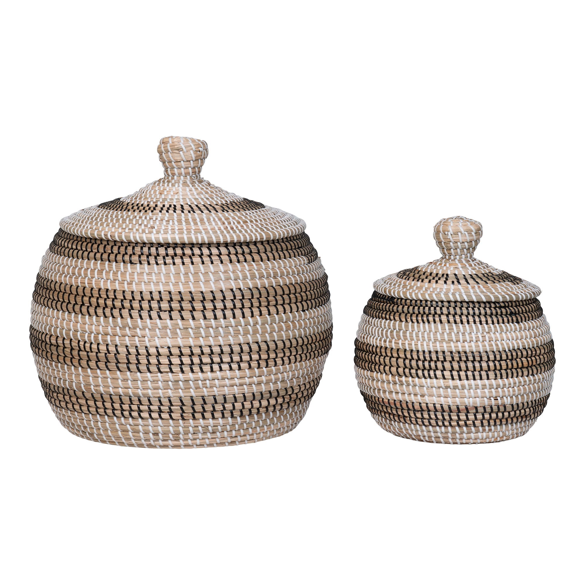 Farbe Ipoh – Aufbewahrungskörbe mit Deckel aus Seegras, natur/weiß/schwarz, Set aus 2